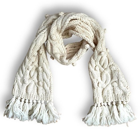 J. Crew Accessories - J Crew Womens Wool Scarf Cream Bobble Popcorn Cable Knit w/ Fringe Ends Preppy